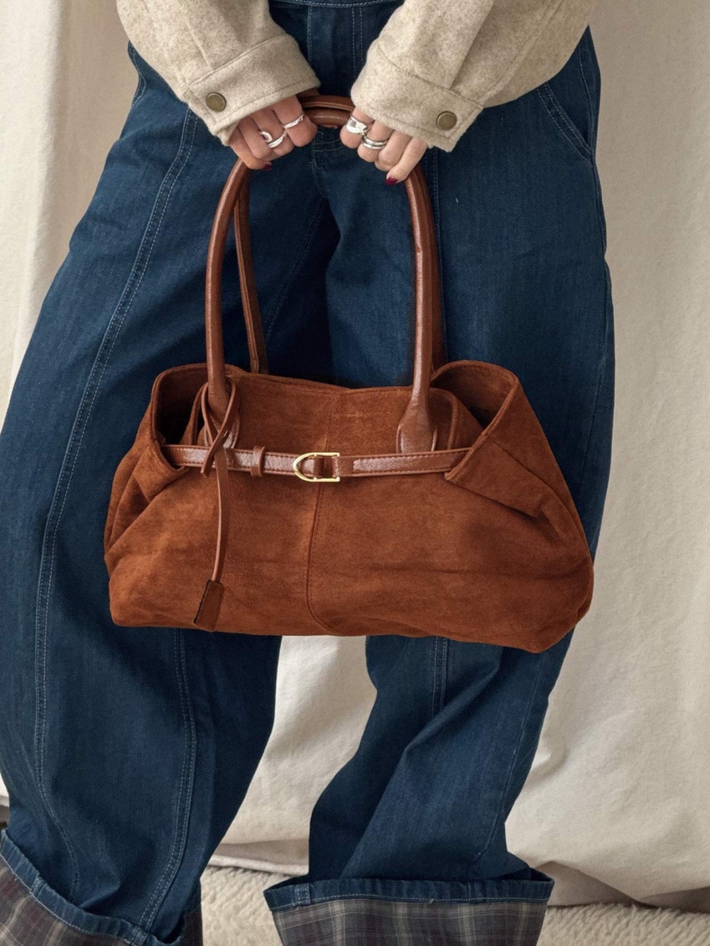 Yearning Faux Suede Buckle Detail Shoulder
Bag Brown